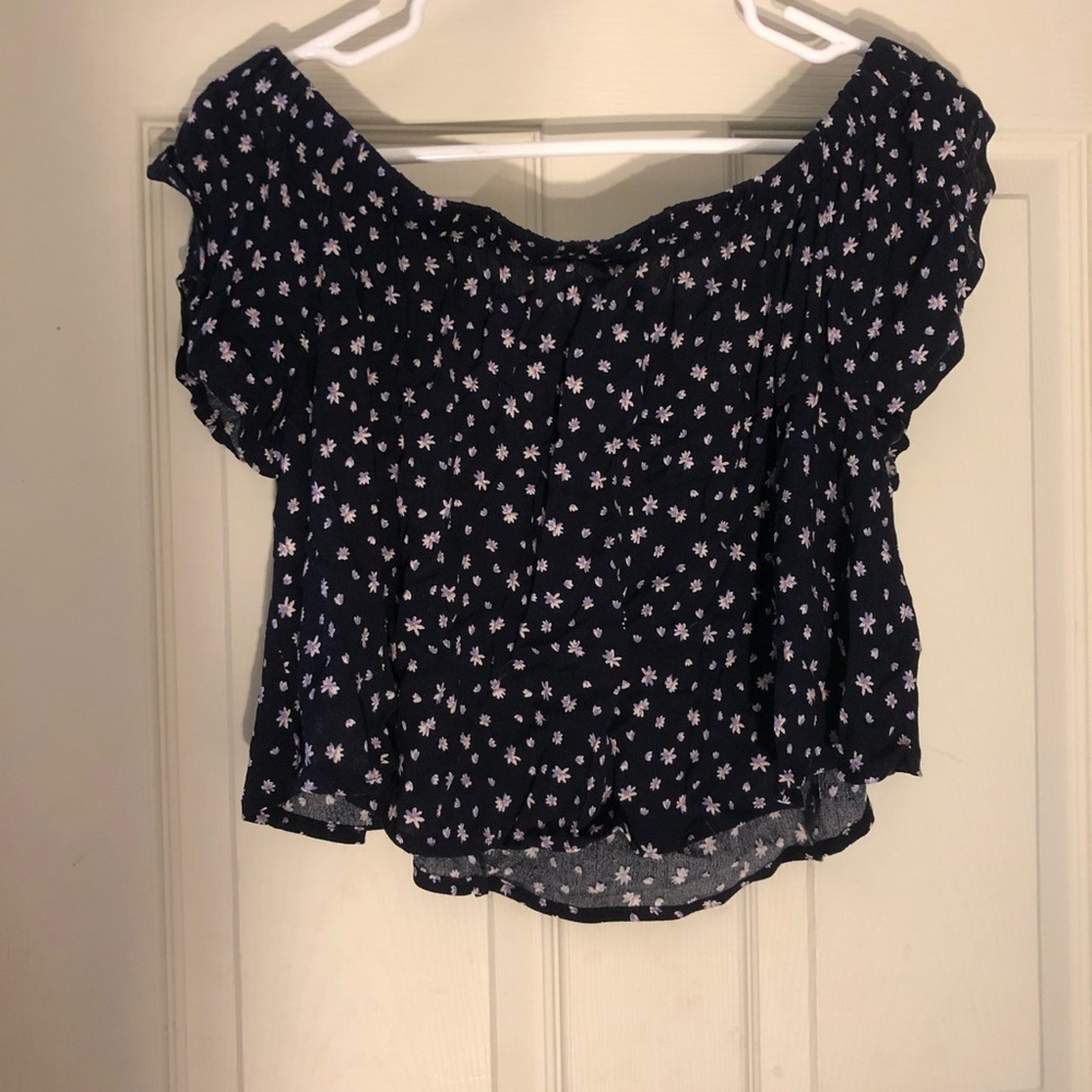 Navy Blue Off The Shoulder Shirt with Flowers
